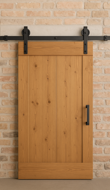 Holztür im modernen Stil mit Schiebetürmechanismus und schwarzem Beschlag.